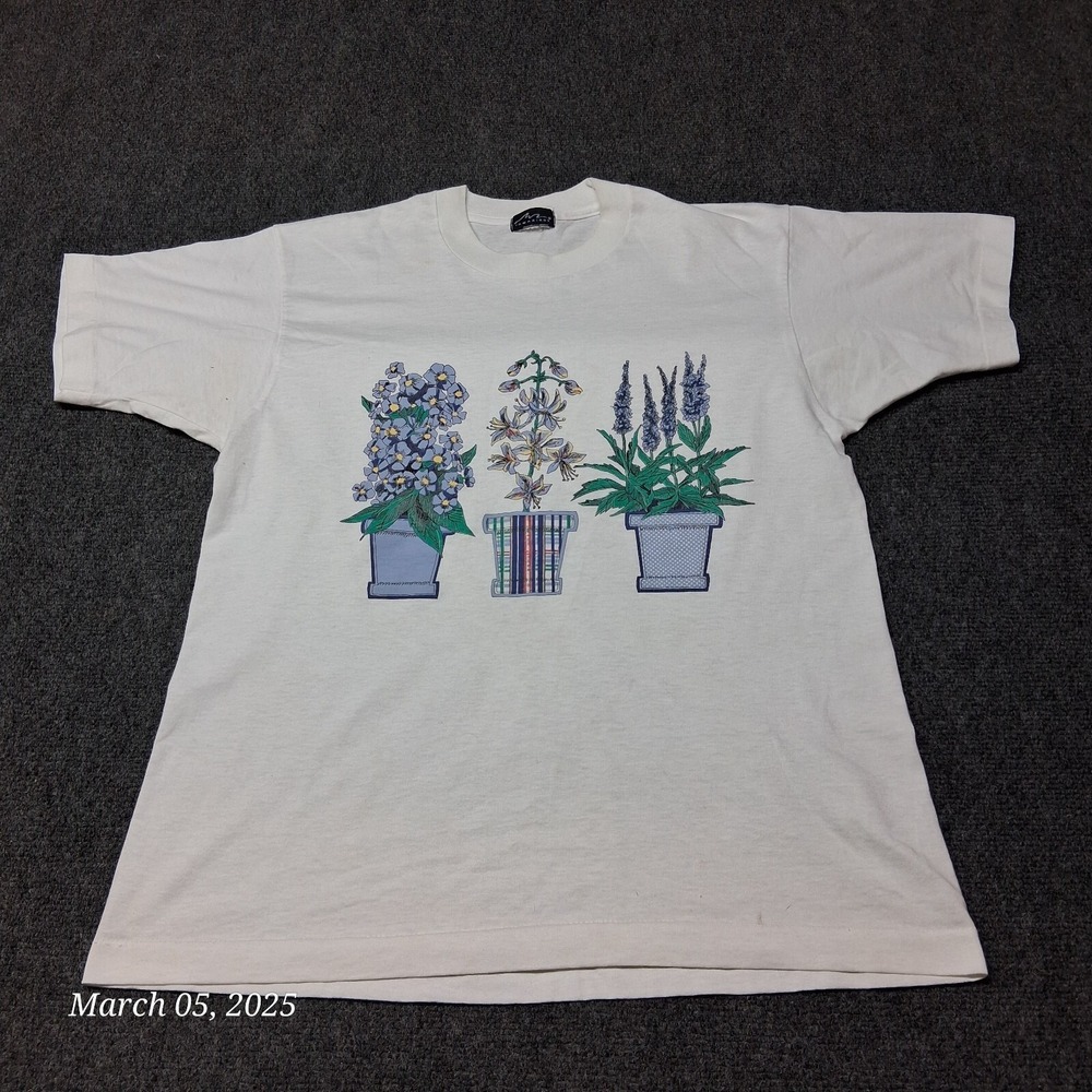 VTG Potted Flowers T Shirt Women Size Large White Single Stitch Crew Neck‎